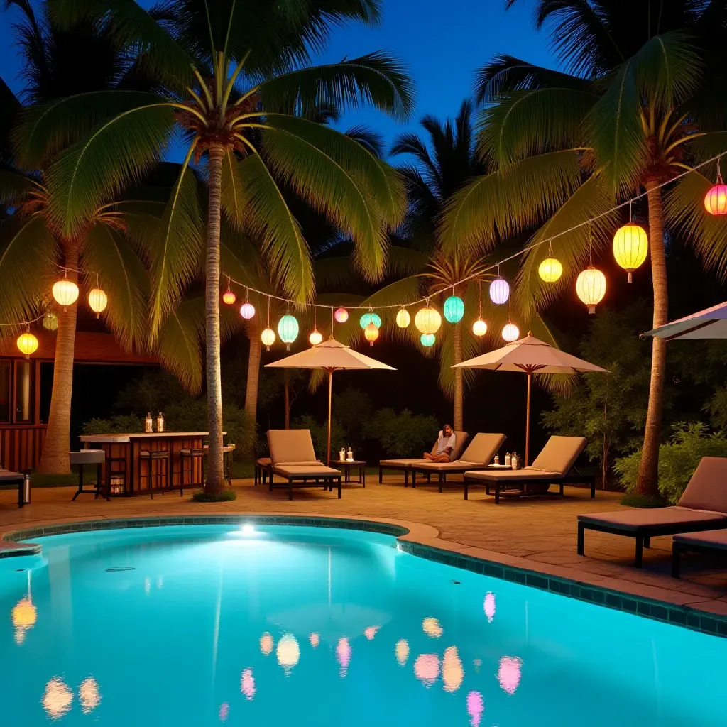 a photo of a tropical poolside with colorful pendant lights hanging from trees