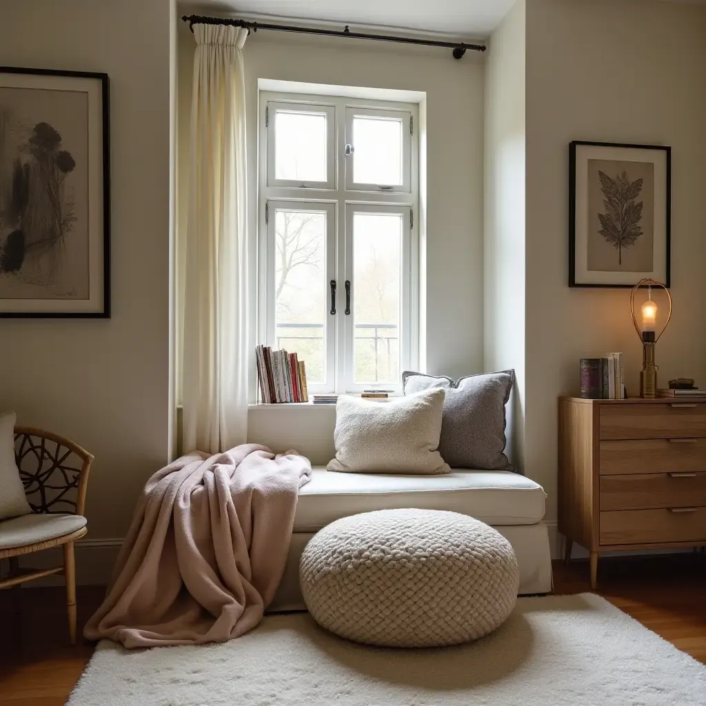 a photo of a bedroom reading nook with a stylish pouf and warm decor