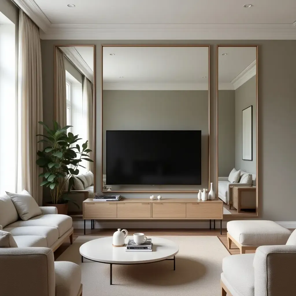 a photo of a small living room with a wall of mirrors reflecting a mounted TV