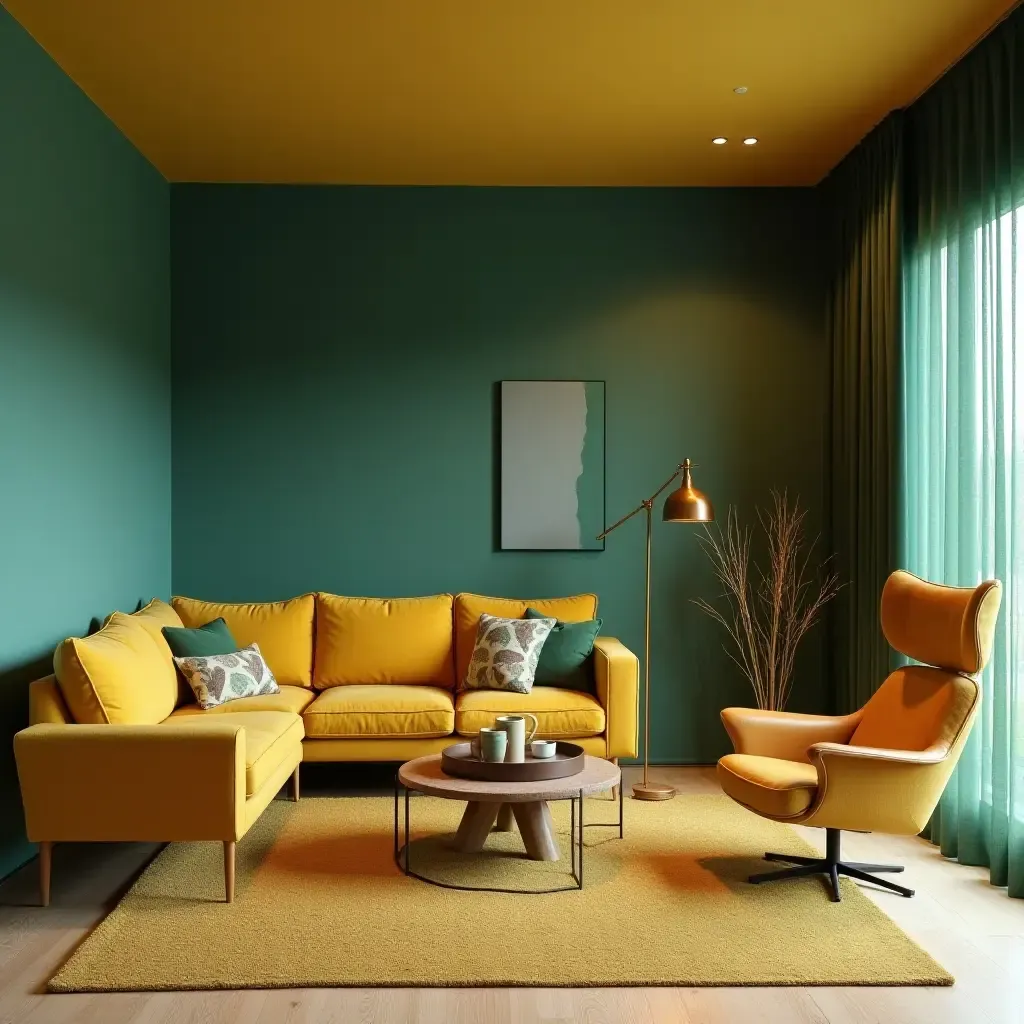 a photo of a vibrant teal and mustard yellow basement with modern furniture