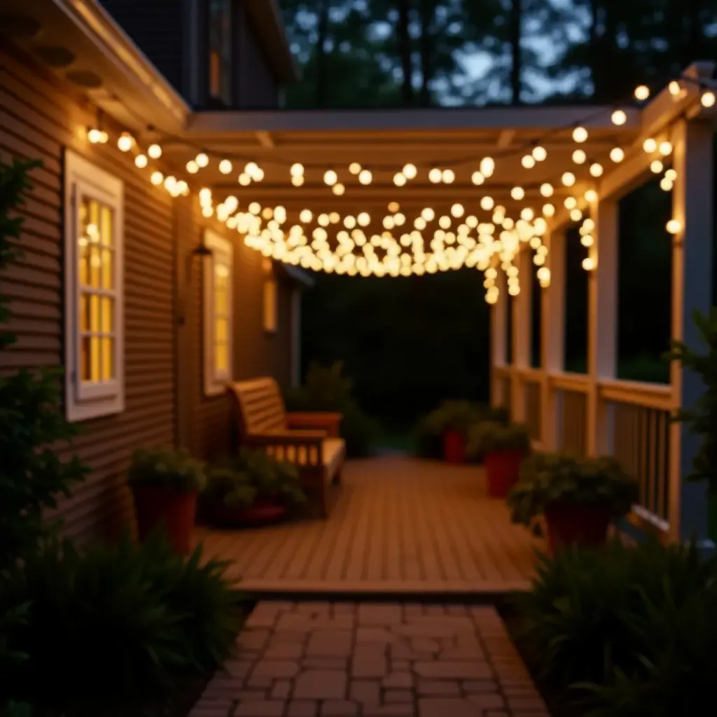 a photo of hanging string lights creating a magical ambiance on a spring porch