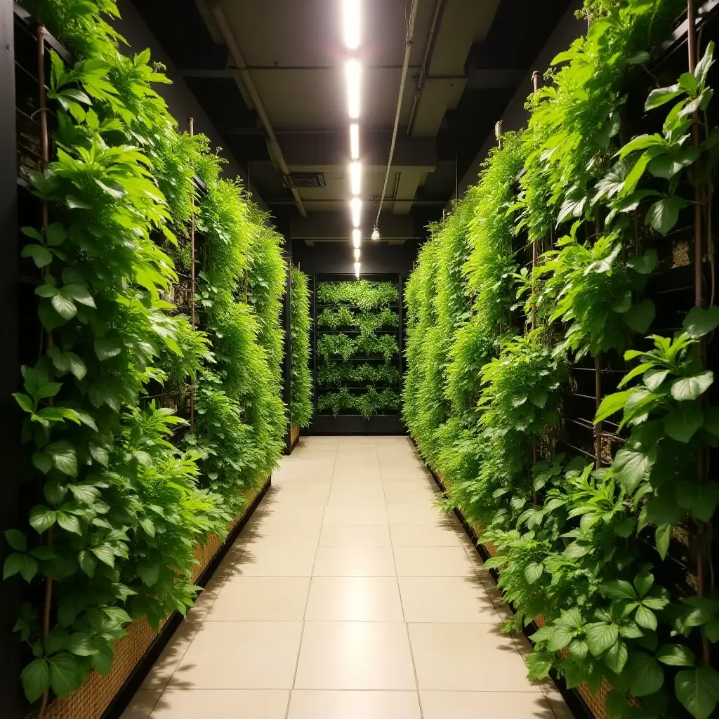 a photo of a corridor featuring a colorful vertical herb garden wall