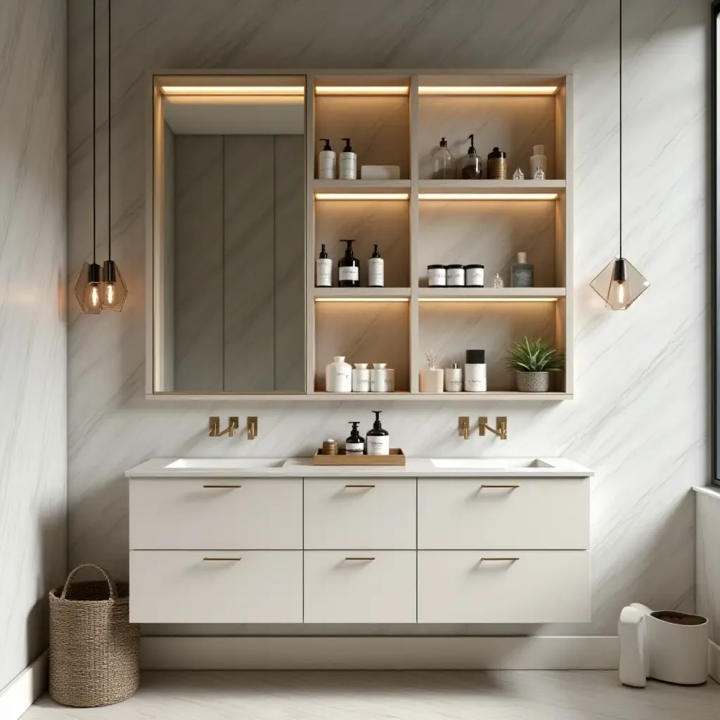 a photo of a bathroom vanity with open shelving showcasing beautiful toiletries