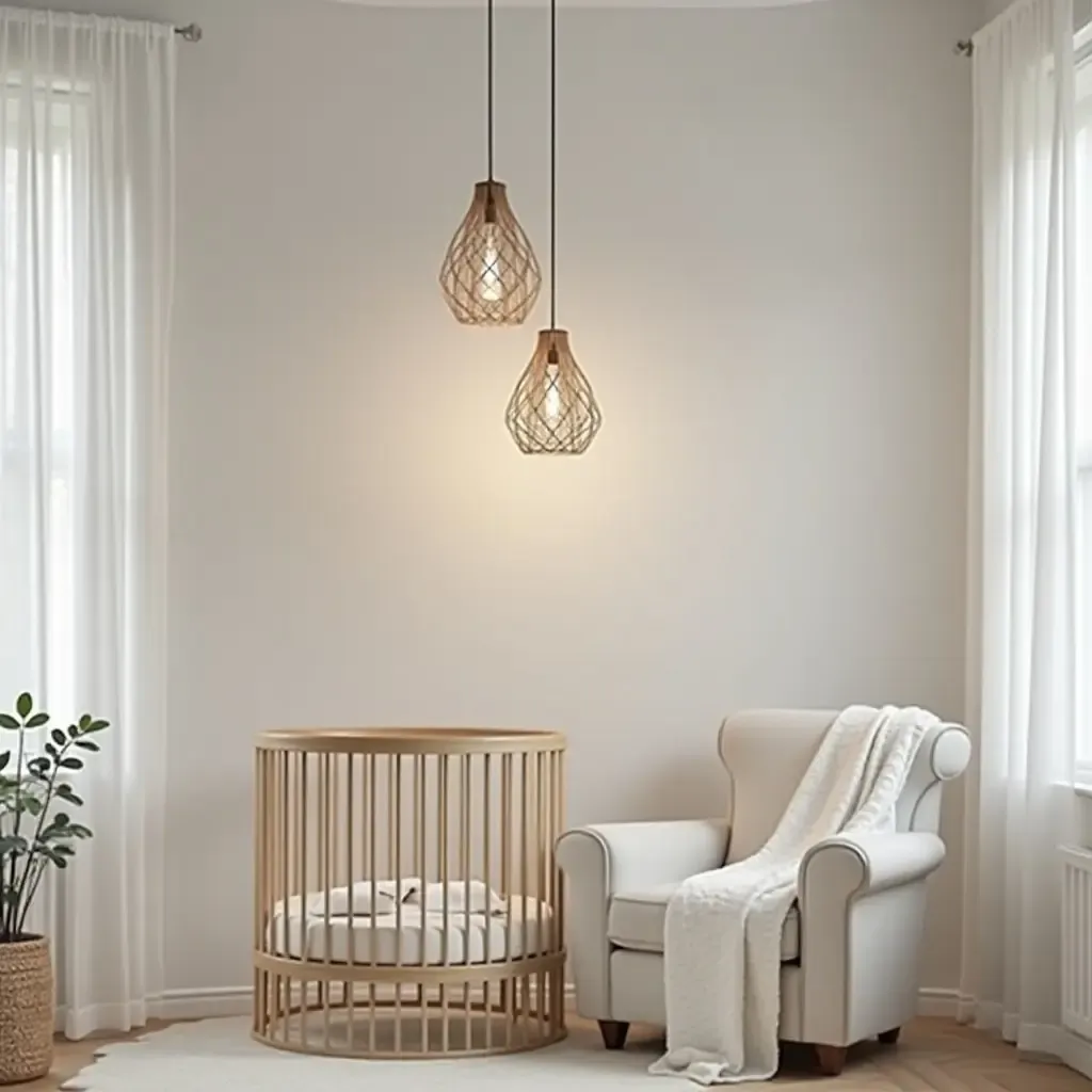 a photo of a geometric pendant light in a contemporary nursery