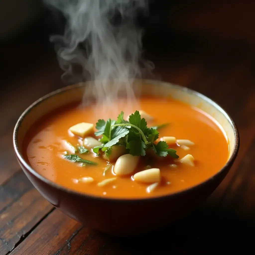 a photo of a steaming bowl of Kaeng Som, vibrant orange broth with fresh herbs and vegetables.