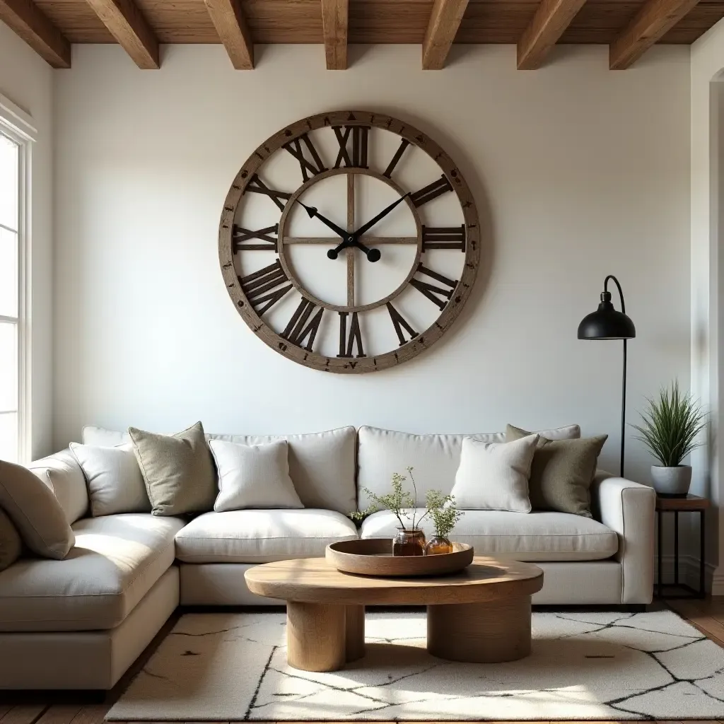 a photo of a rustic living room with a large farmhouse clock and wall decor