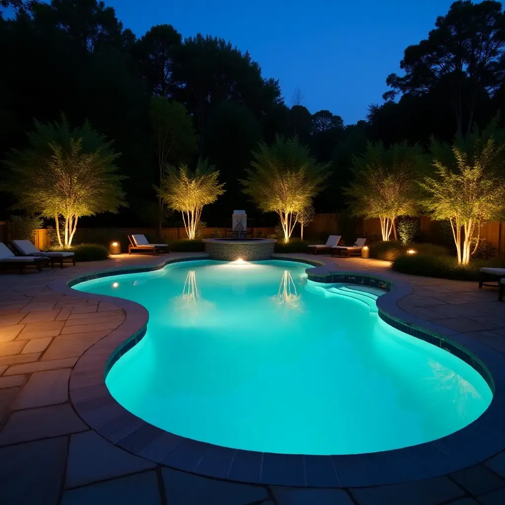 a photo of a small pool area with ambient outdoor lighting