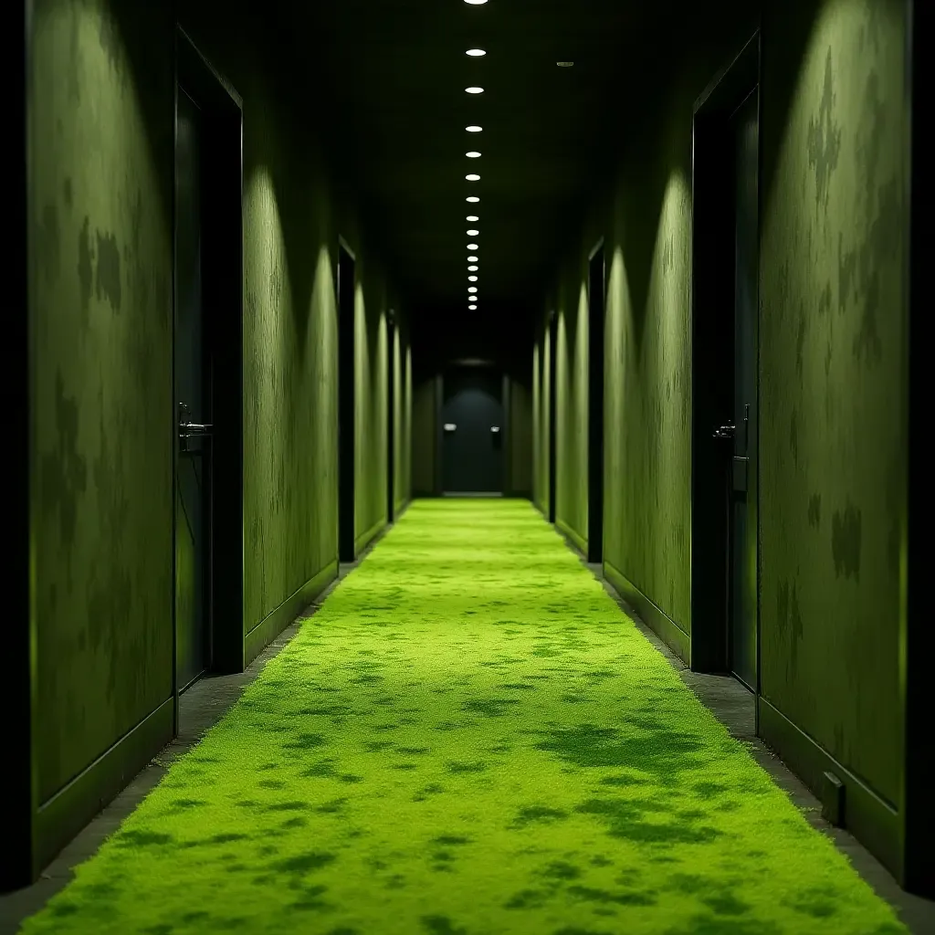 a photo of a corridor with a green carpet of moss