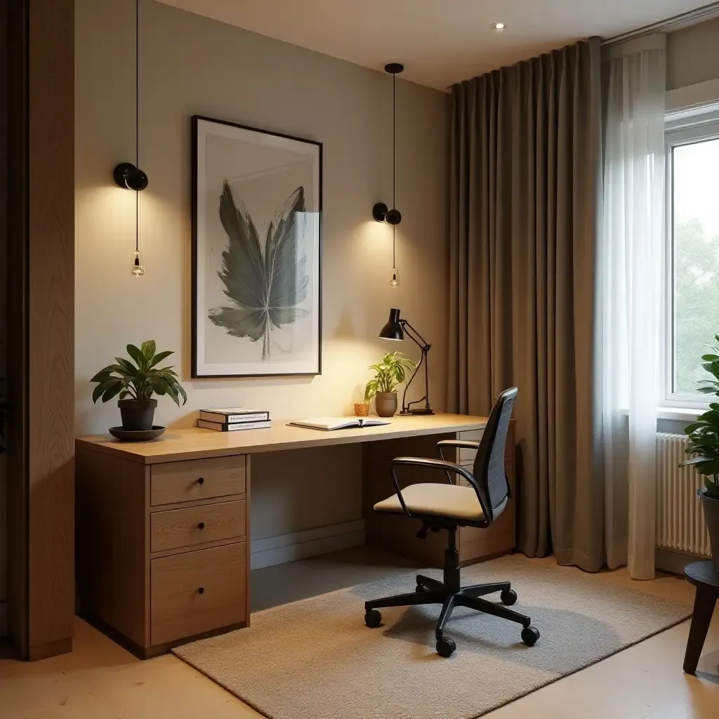 a photo of a wooden desk in a basement office space