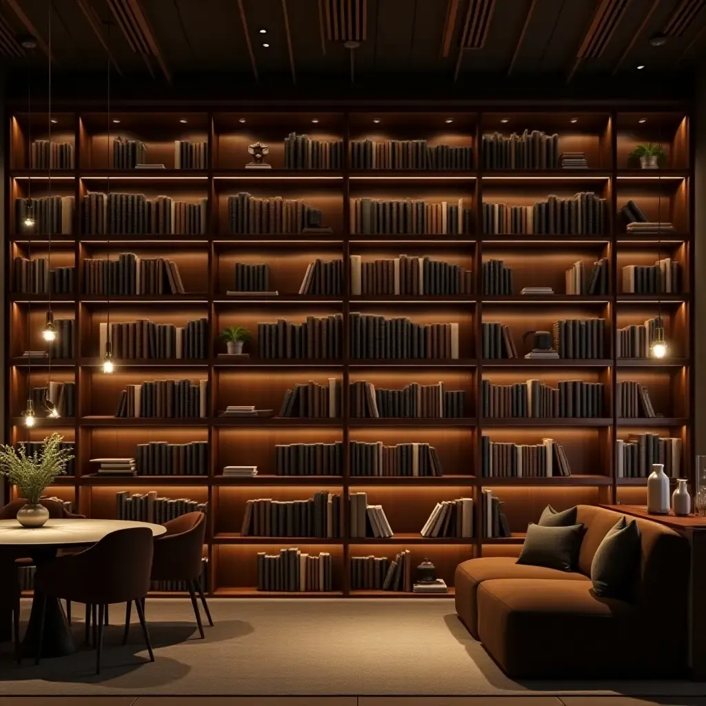 a photo of a library with pendant lights creating a cozy atmosphere