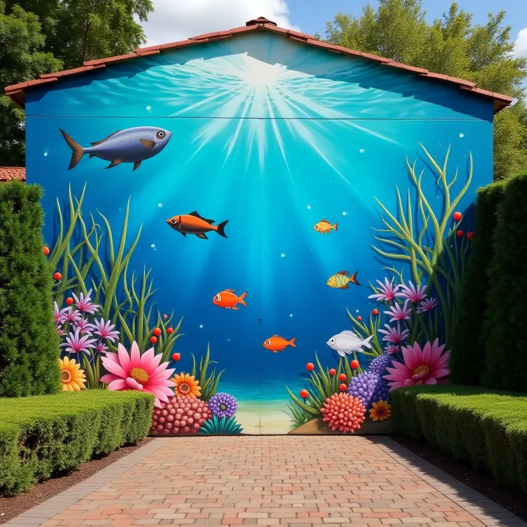 a photo of a vibrant underwater scene mural in a garden