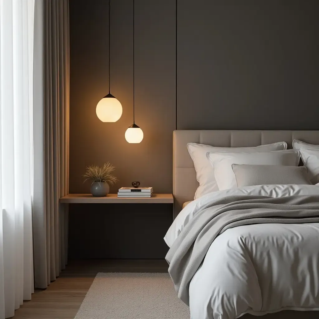 a photo of a sleek bedroom with a wall-mounted nightstand and pendant lights