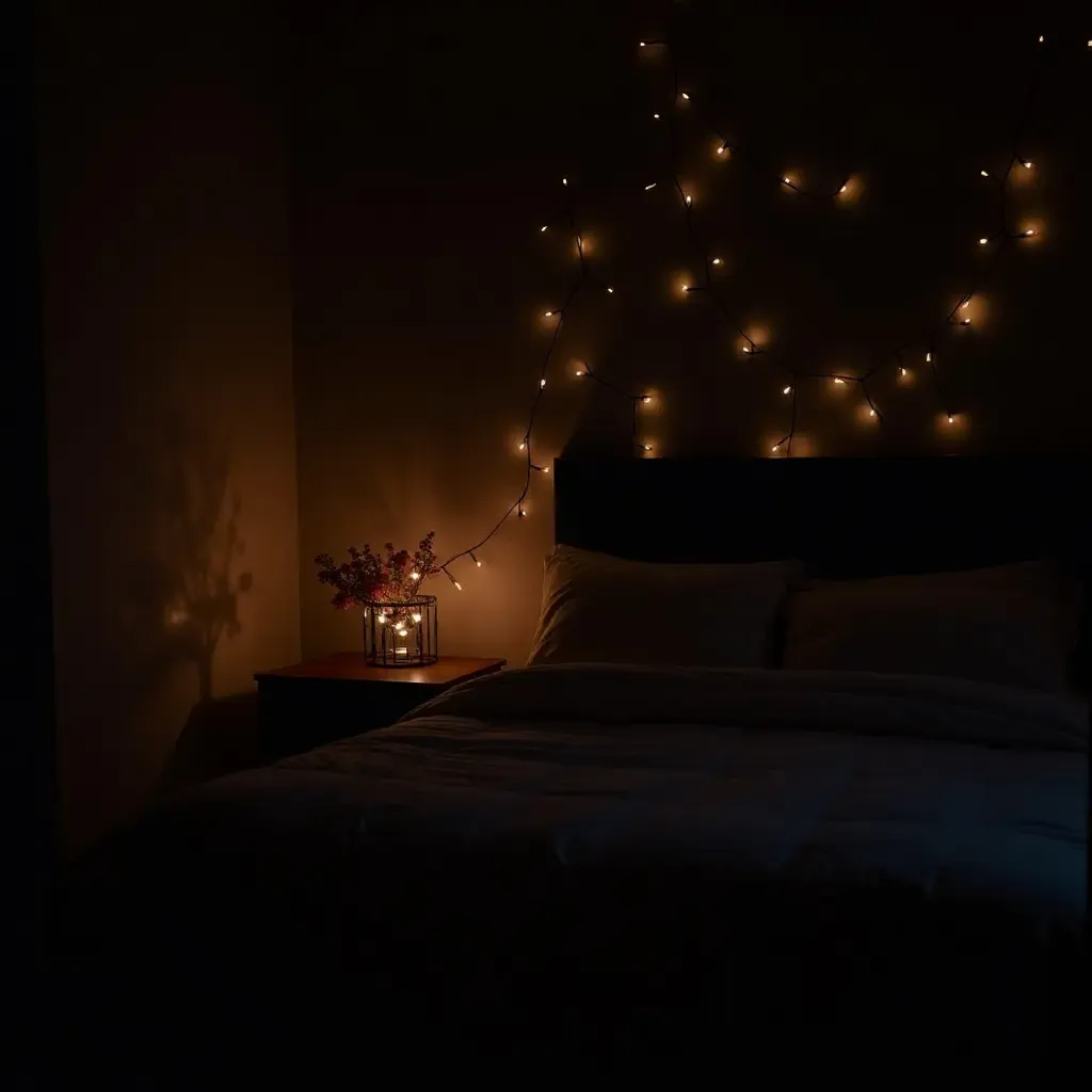 a photo of a dark-themed bedroom with fairy lights for ambiance