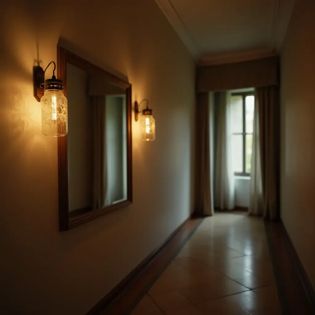 a photo of a vintage mirror reflecting soft corridor lighting