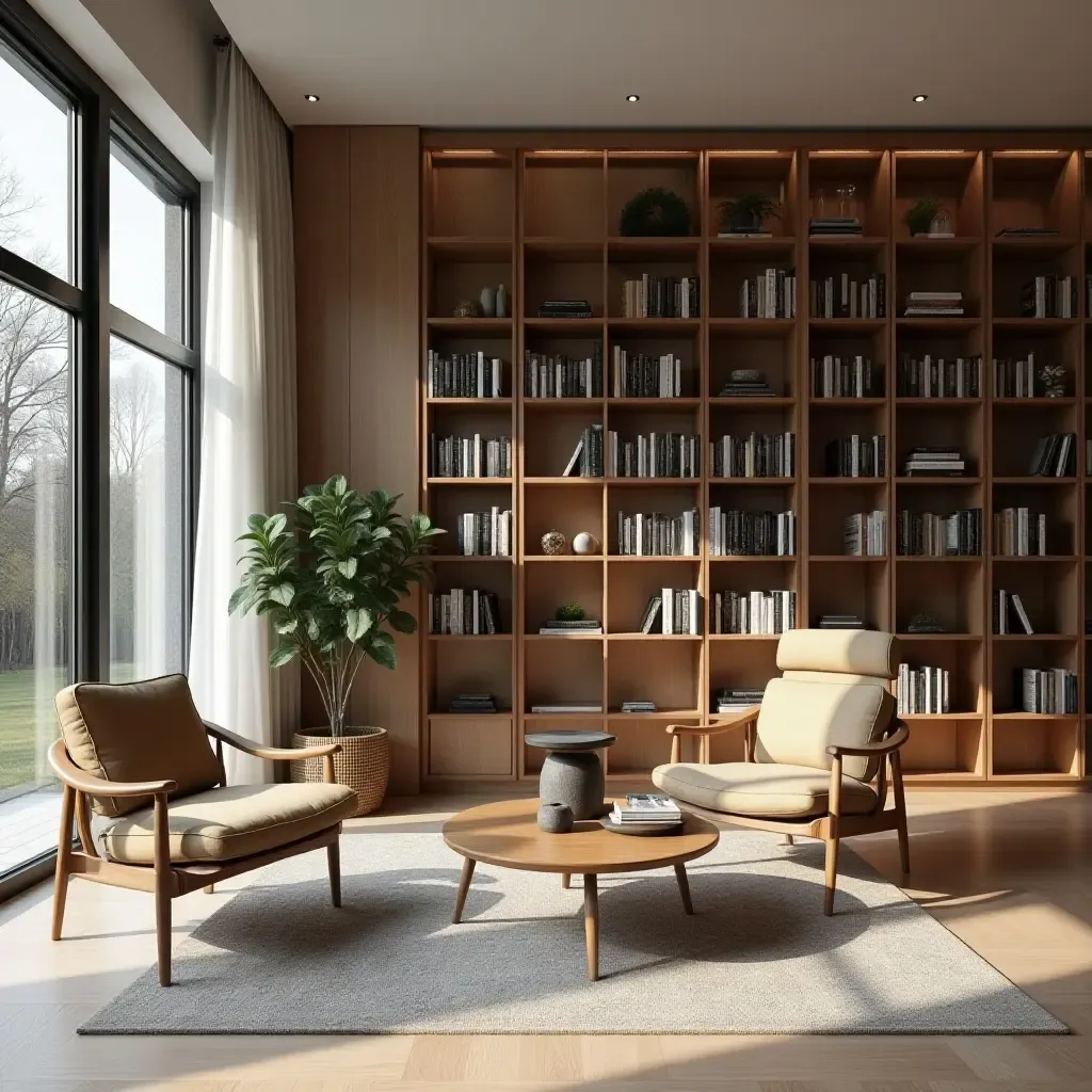 a photo of a stylish library with Scandinavian decor and a focus on natural light