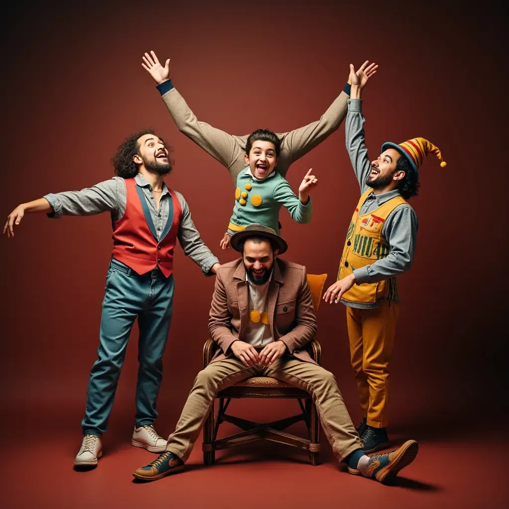 a photo of a playful circus scene with clowns and acrobats