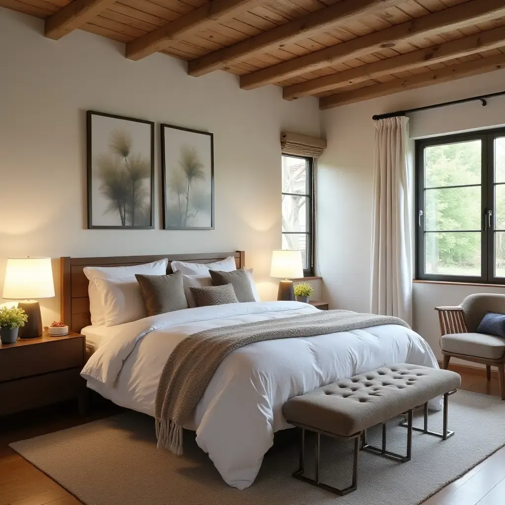 a photo of a cozy bedroom featuring a blend of modern furniture and rustic accents