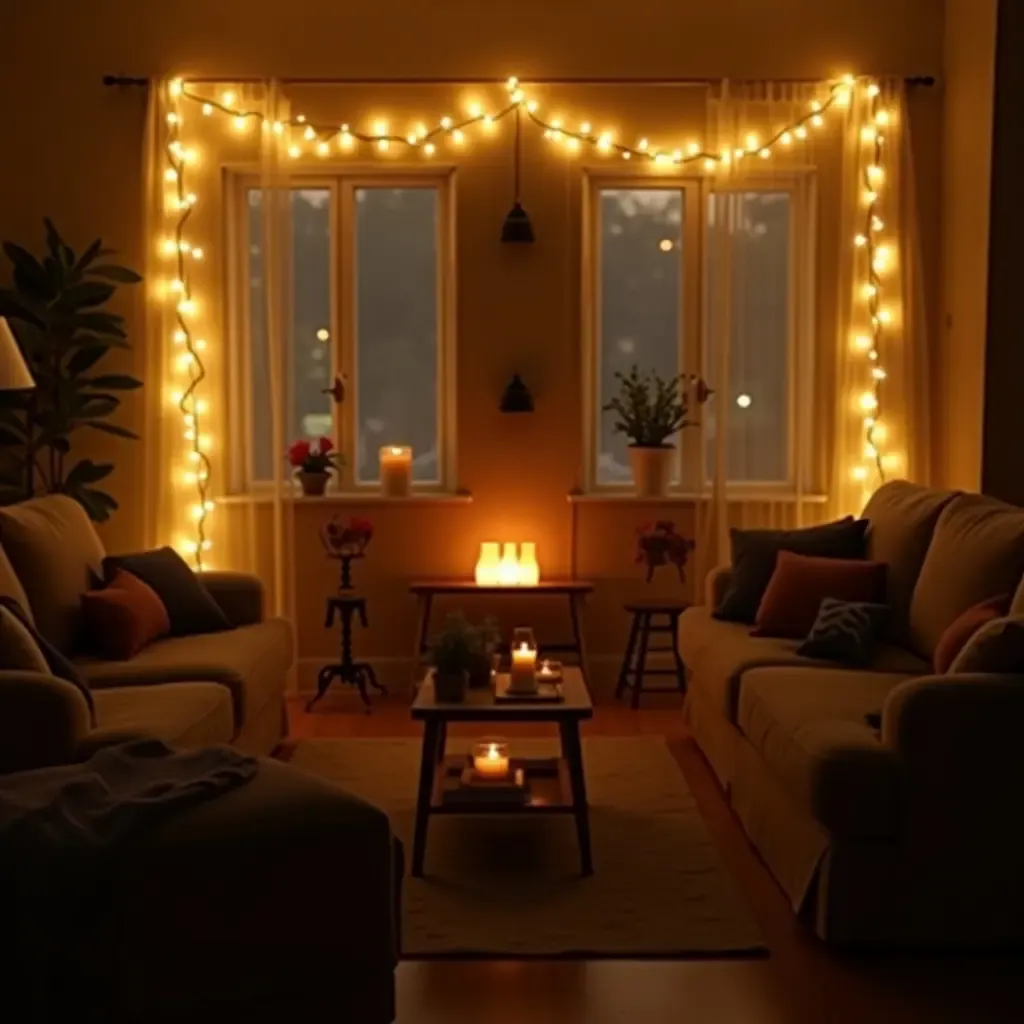 a photo of a cozy atmosphere created by fairy lights in the living room