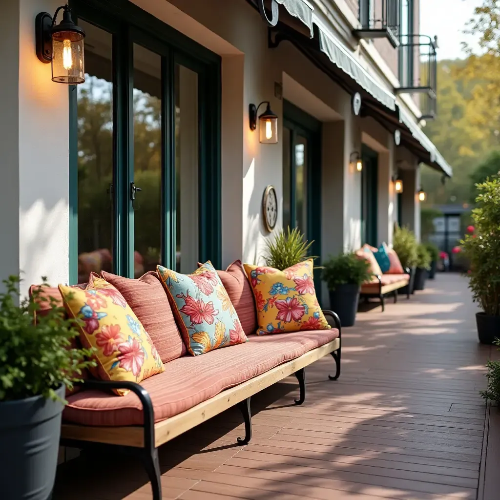 a photo of a balcony decorated with colorful fabric pillows, wooden benches, and metal accents