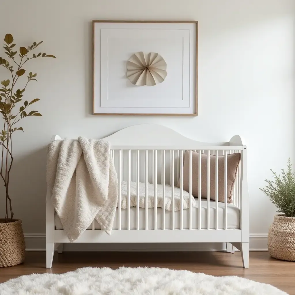 a photo of a chic nursery combining metal decor and plush fabric bedding