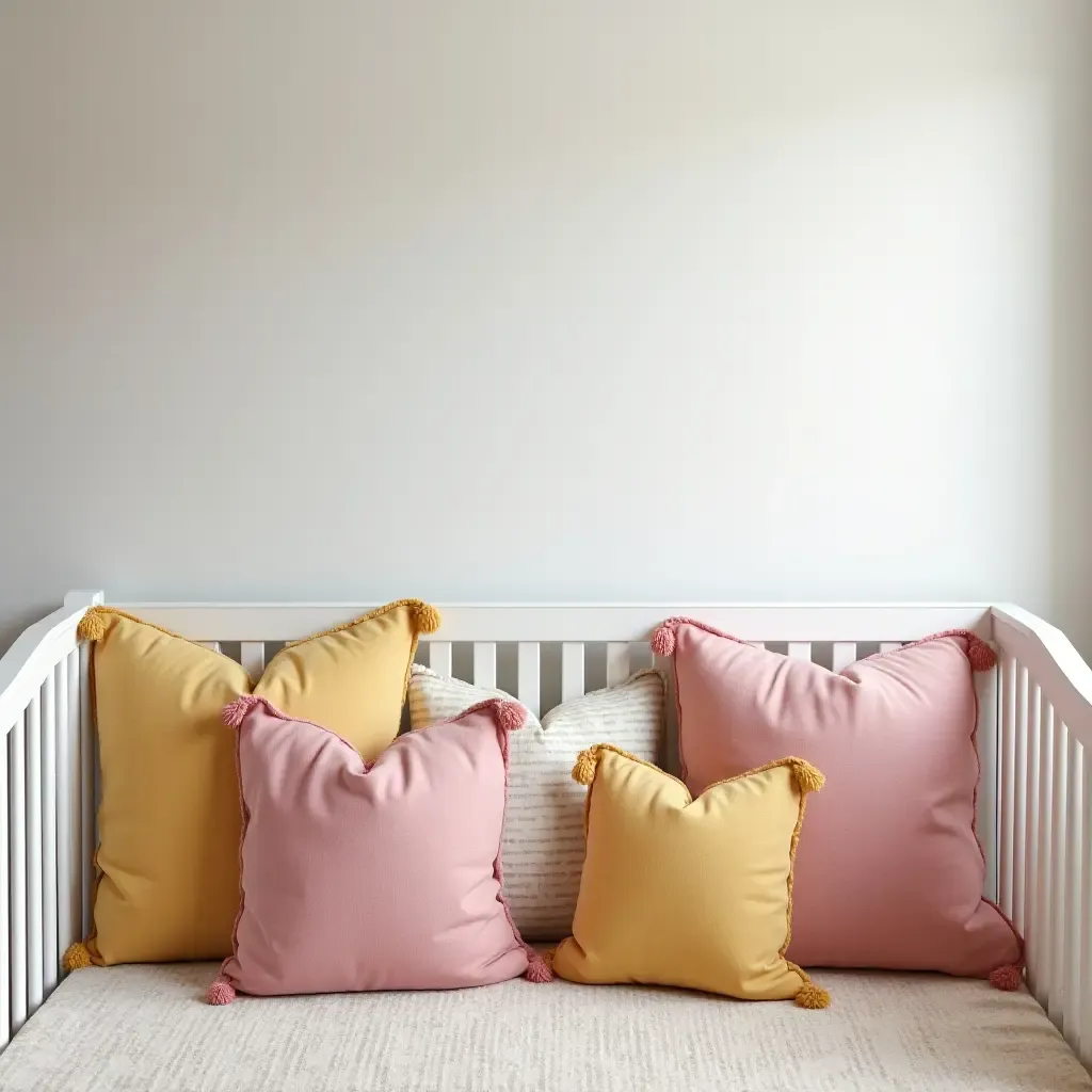 a photo of a nursery with throw pillows adding a pop of color