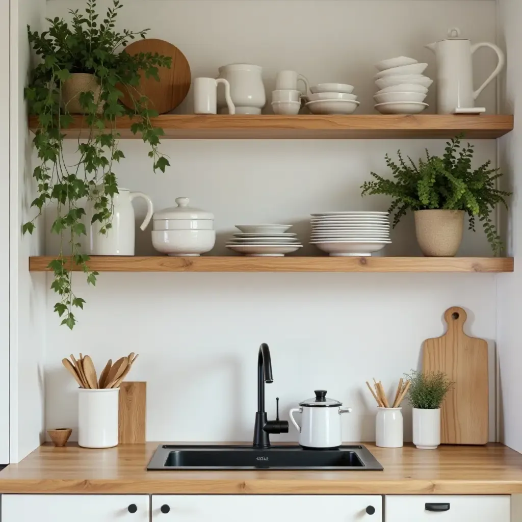 a photo of wooden shelves filled with kitchenware and decor