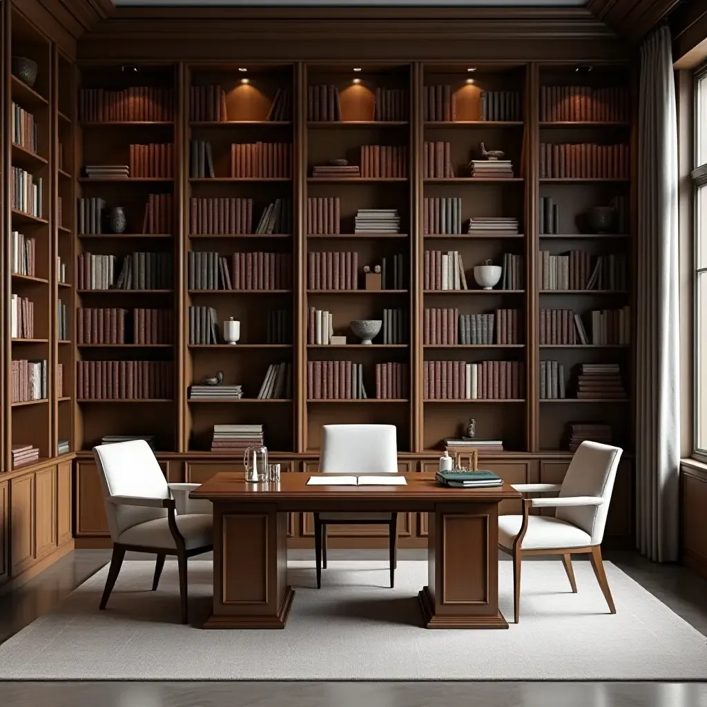 a photo of a spacious library featuring an antique writing desk and minimalist chairs