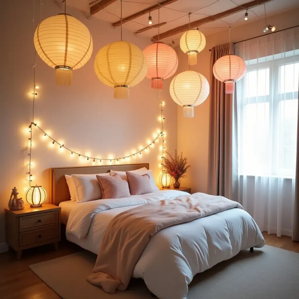 a photo of a whimsical bedroom with paper lanterns and garlands