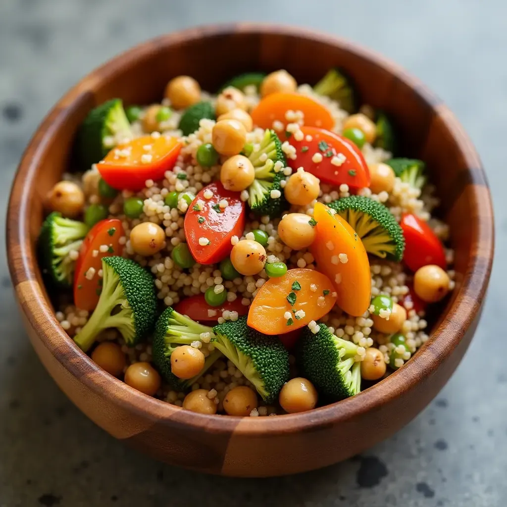 a photo of stir-fry featuring quinoa and roasted chickpeas, healthy twist, colorful vegetables, wooden bowl