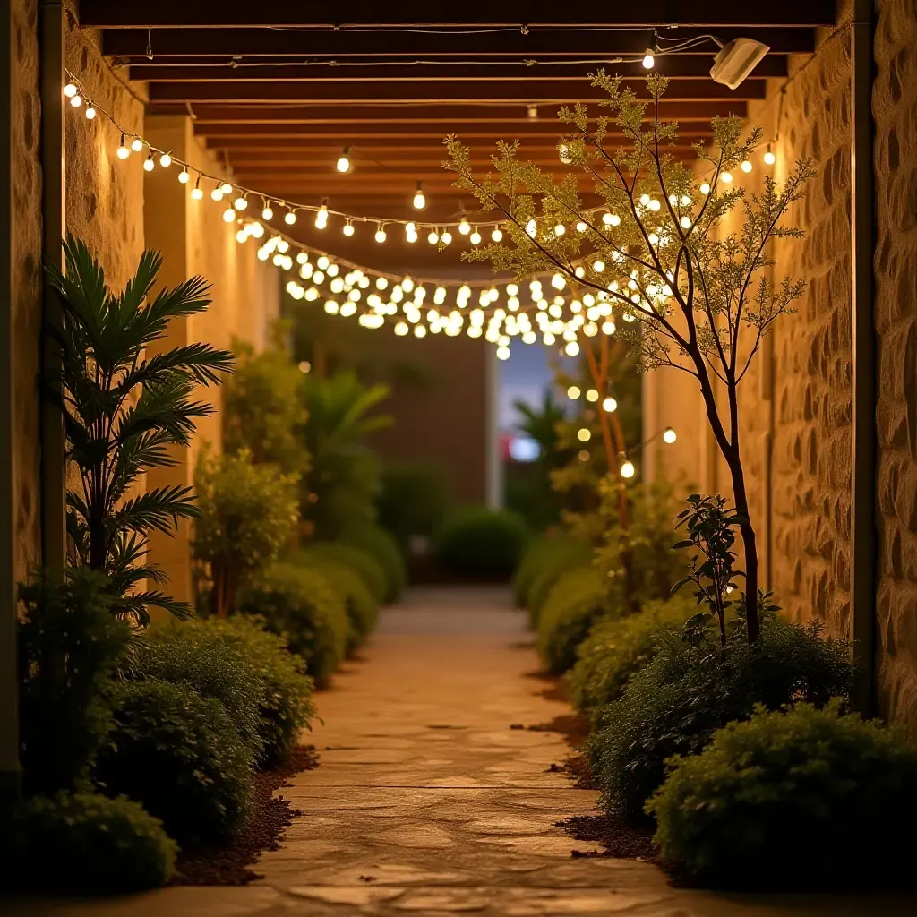 a photo of a basement featuring a whimsical indoor garden with fairy lights