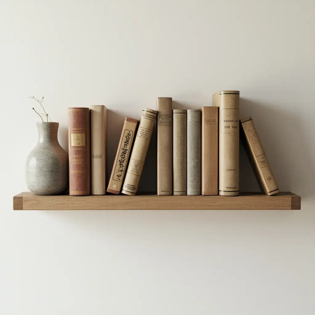 a photo of a wooden wall-mounted shelf with books