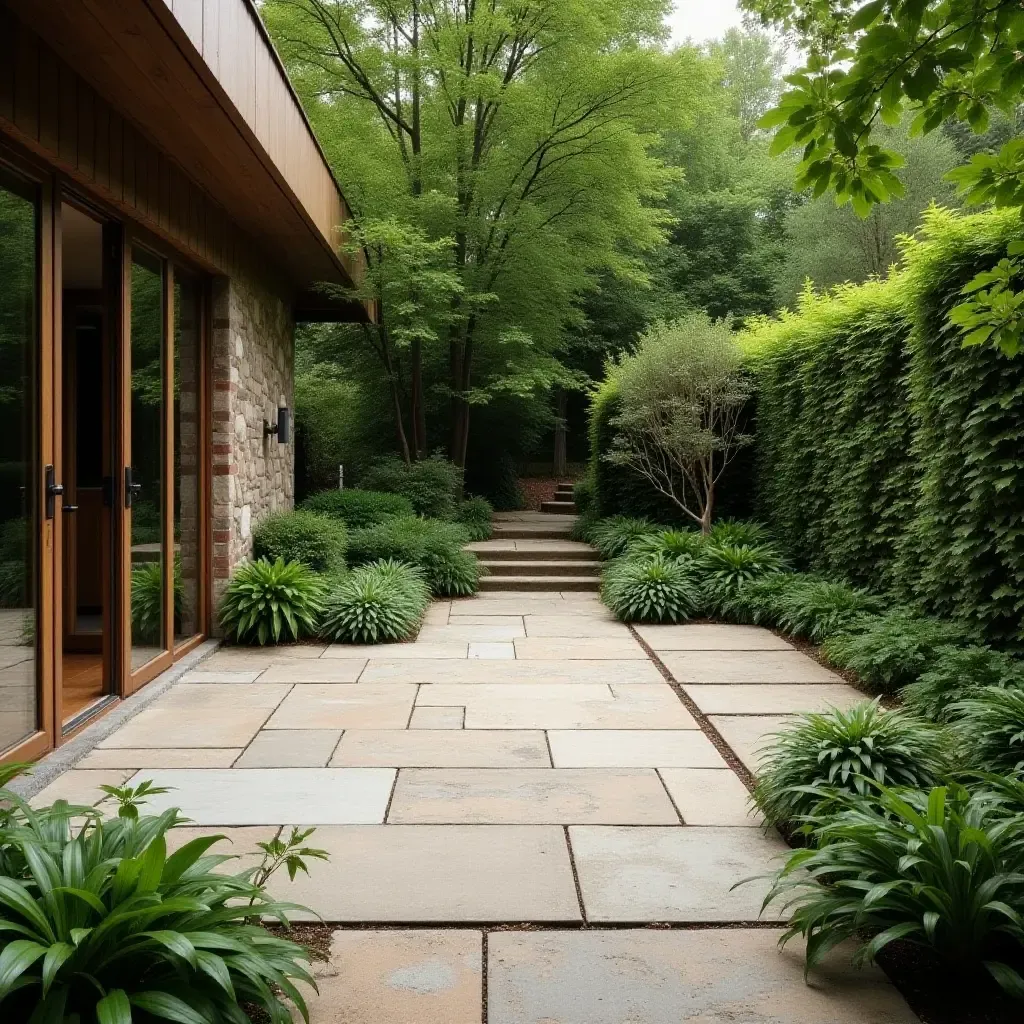 a photo of a rustic concrete patio surrounded by lush greenery