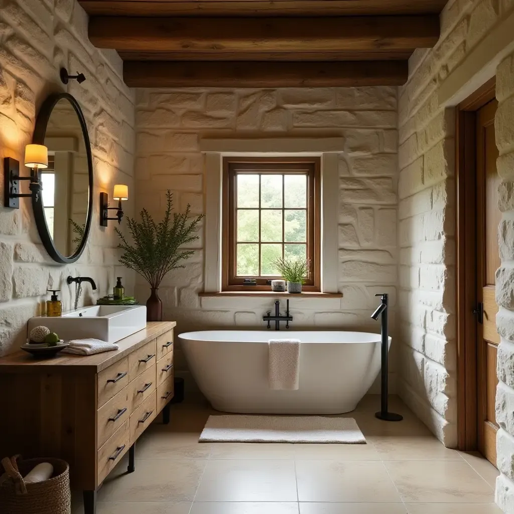 a photo of a rustic bathroom with reclaimed wood accents and stone walls