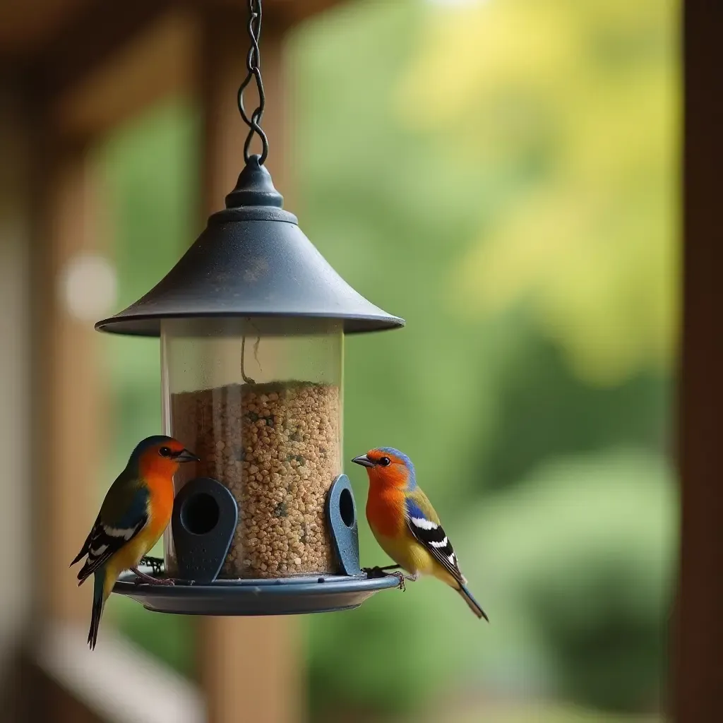 a photo of a patio with a bird feeder and colorful birds