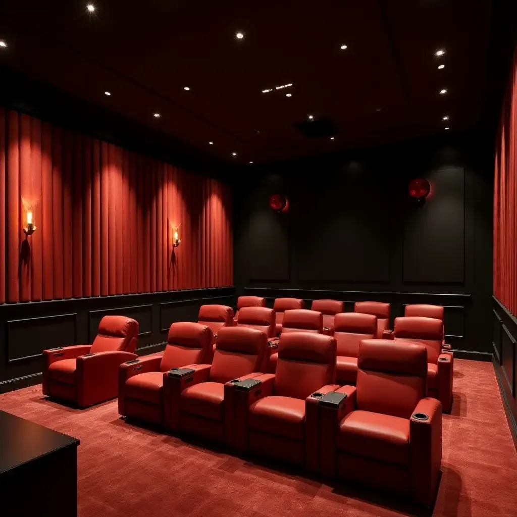 a photo of a luxurious basement cinema with dramatic pendant lights