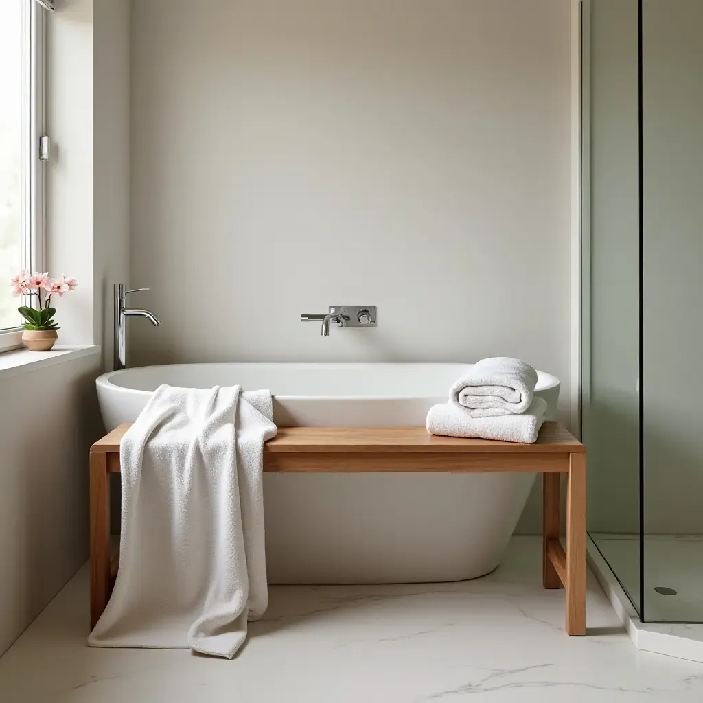 a photo of a wooden shower bench with plush towels in a modern bathroom