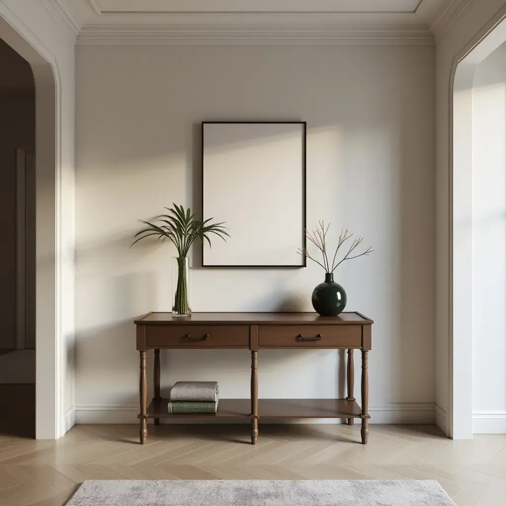 a photo of a corridor featuring a stylish console table