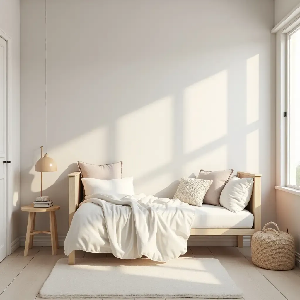 a photo of a serene Scandinavian-inspired kids&#x27; bedroom with soft lighting and gentle colors