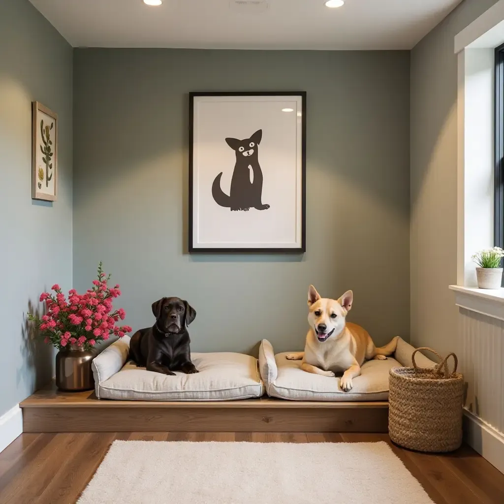 a photo of a basement pet area featuring personalized pet beds and decor