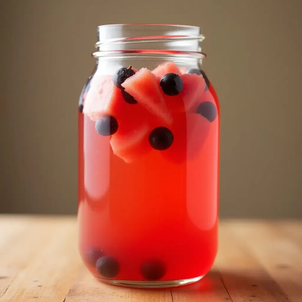 a photo of a jar of hwachae, a traditional Korean fruit punch, with floating watermelon and berries.