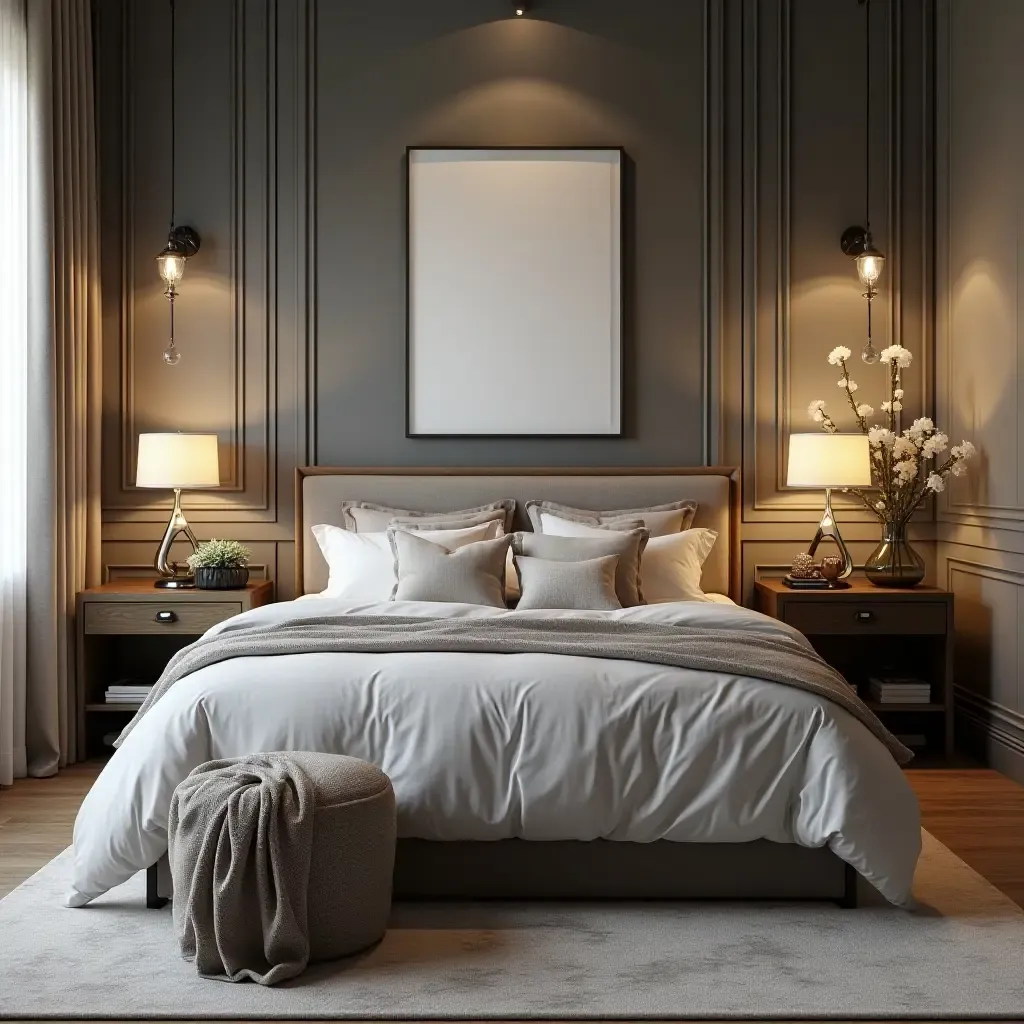 a photo of a bed surrounded by industrial-style decor