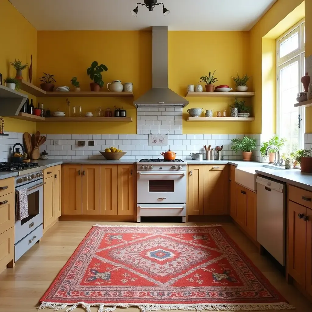 a photo of a vibrant kitchen with a handmade artisan rug