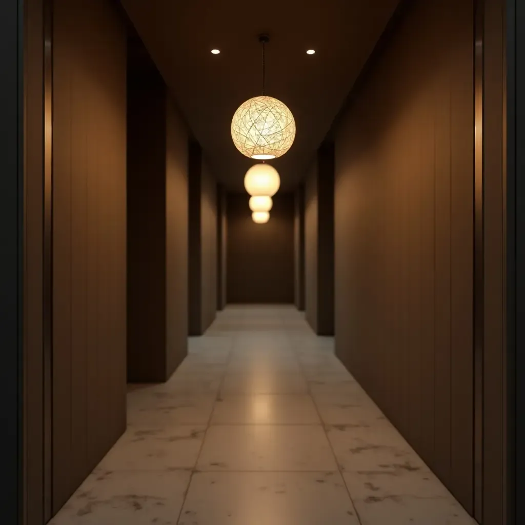 a photo of a corridor with pendant lights creating a focal point