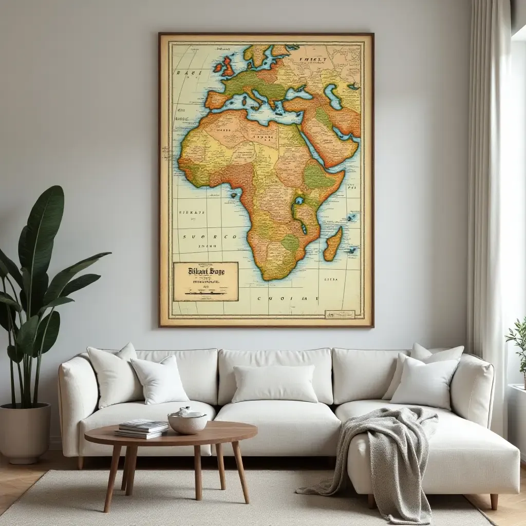 a photo of a vintage map of the countryside on a living room wall