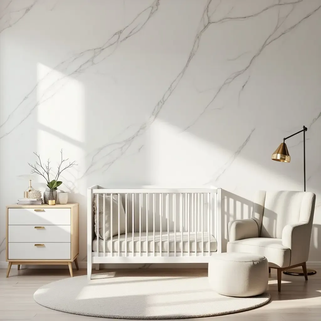 a photo of a stylish nursery featuring marble wallpaper and elegant furniture