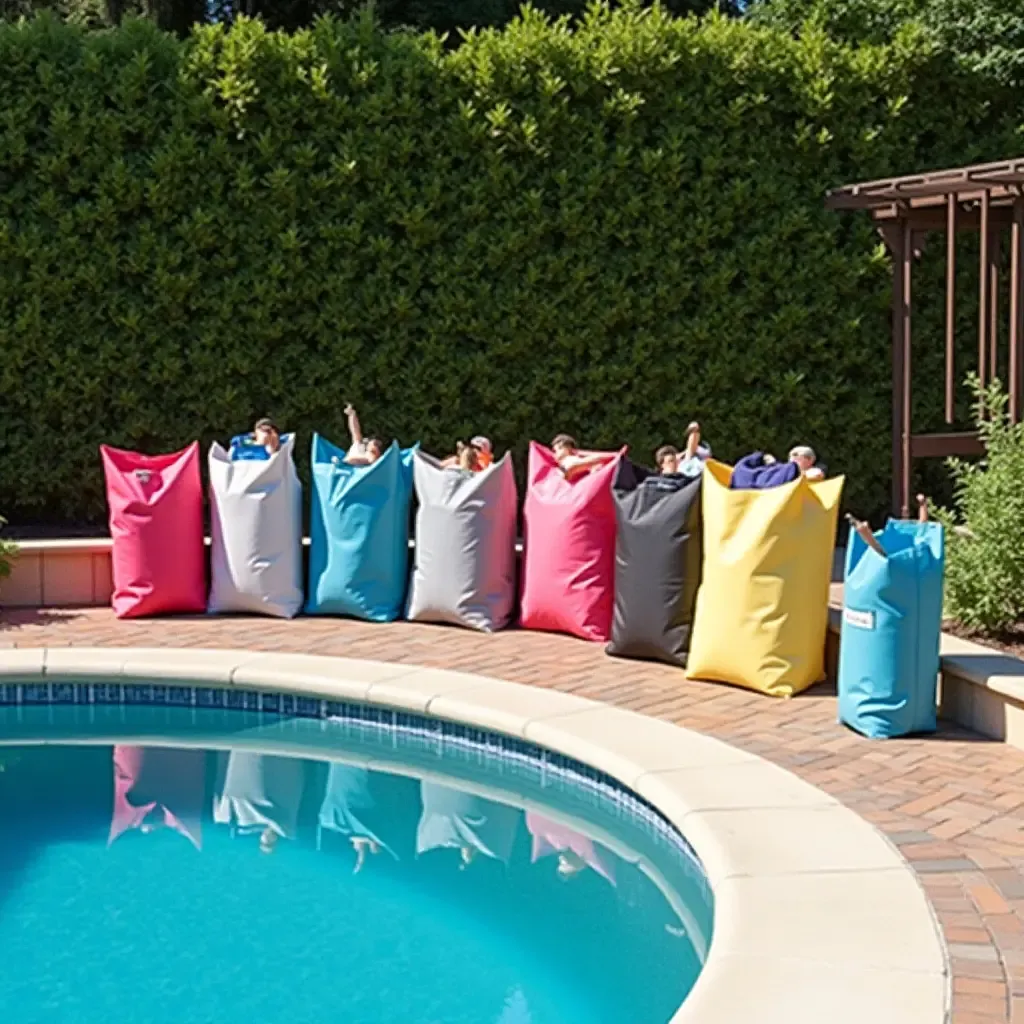 a photo of an organized poolside area with colorful storage bags