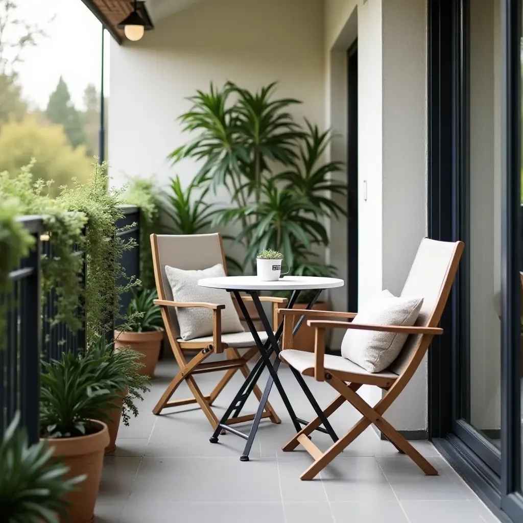 a photo of a small balcony featuring a foldable table and chairs