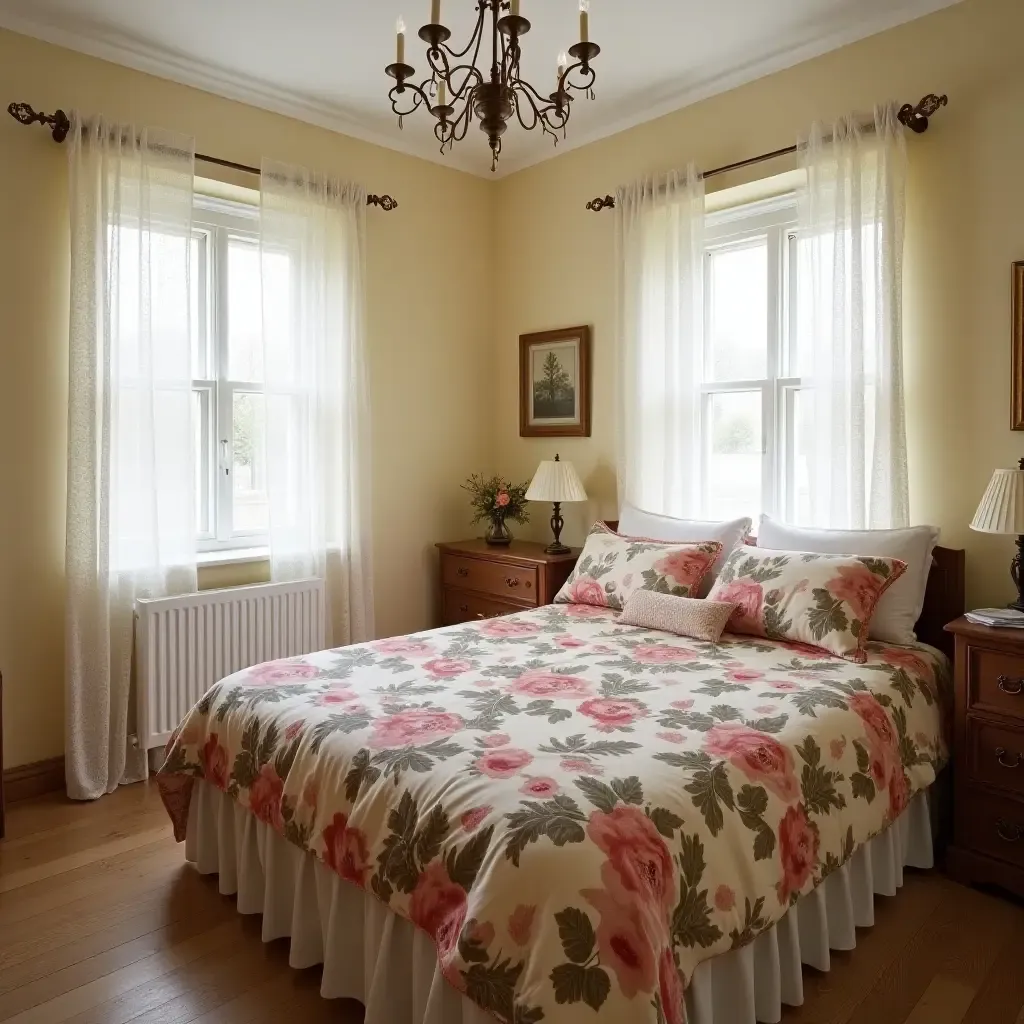 a photo of a bedroom with a floral bedspread and lace curtains