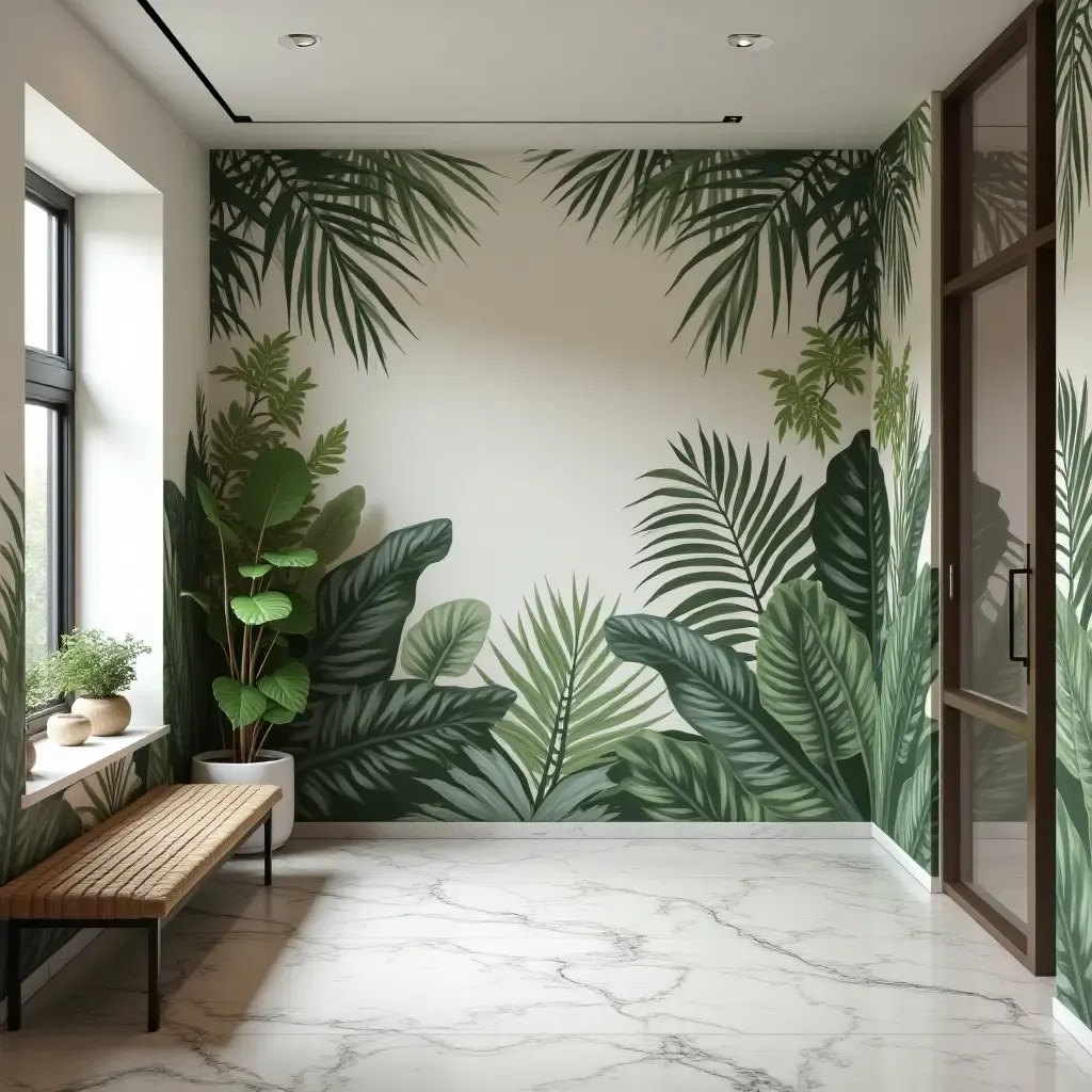 a photo of an elegant entryway with a plant-themed wall mural