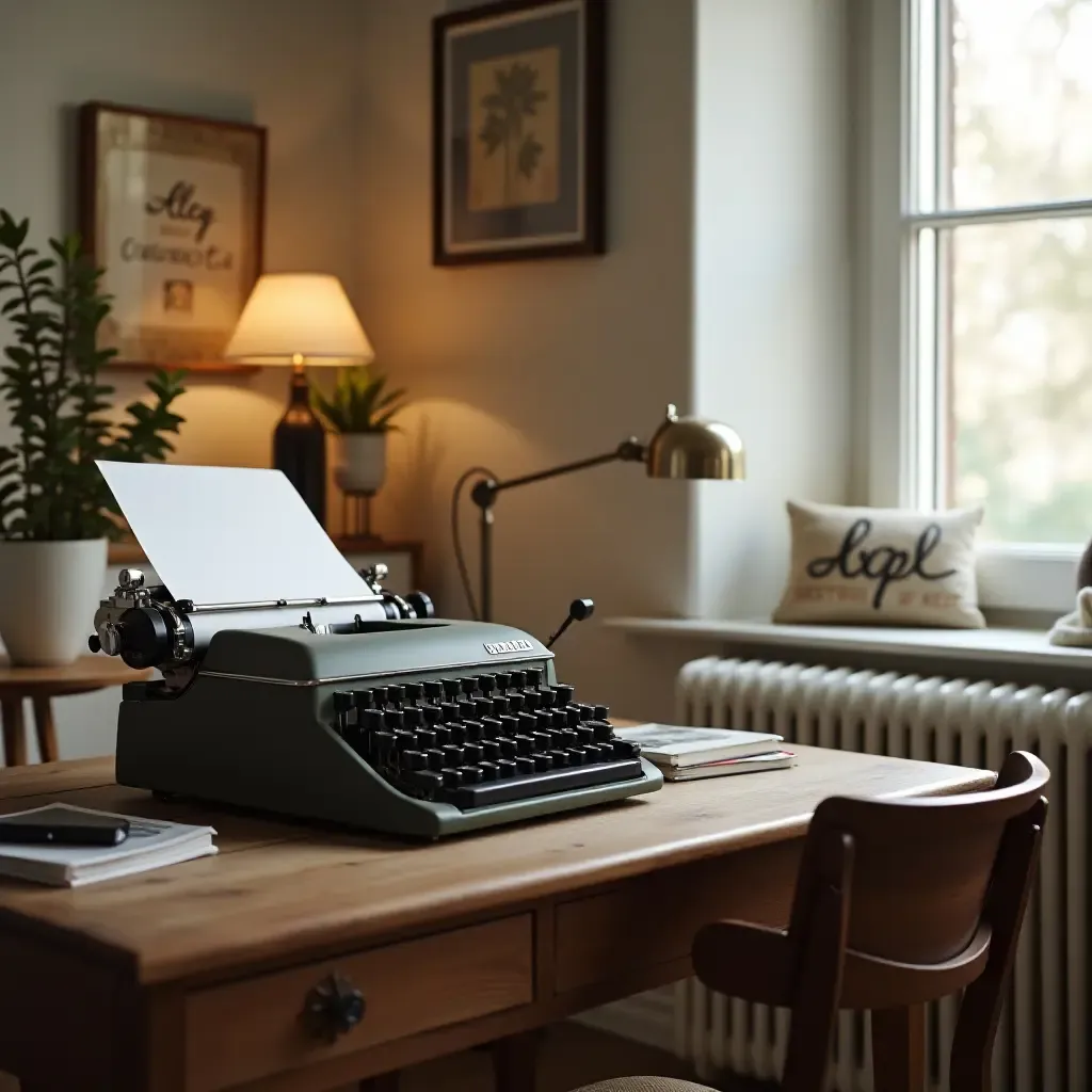 a photo of a vintage-inspired workspace in a bedroom with an old typewriter